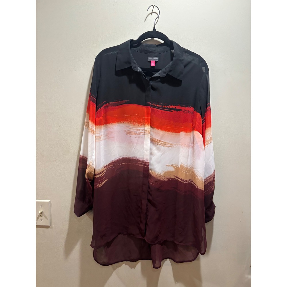 Vince Camuto Sheer Brushstroke Print Long Sleeve‎ Button Down Tunic Blouse 1X